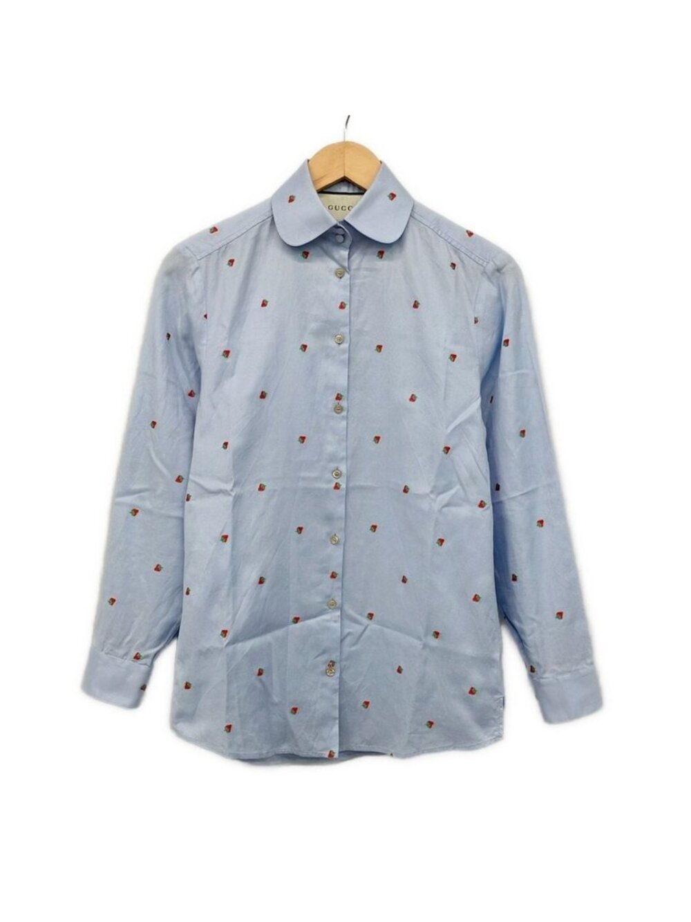 Gucci Long Sleeve Shirt Blouse S Light Blue Red Green Strawberry